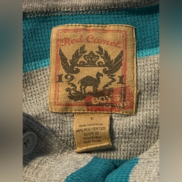 Red Camel Turquoise & Grey Striped Long Sleeve Henley Shirt, EUC - Picture 2 of 2